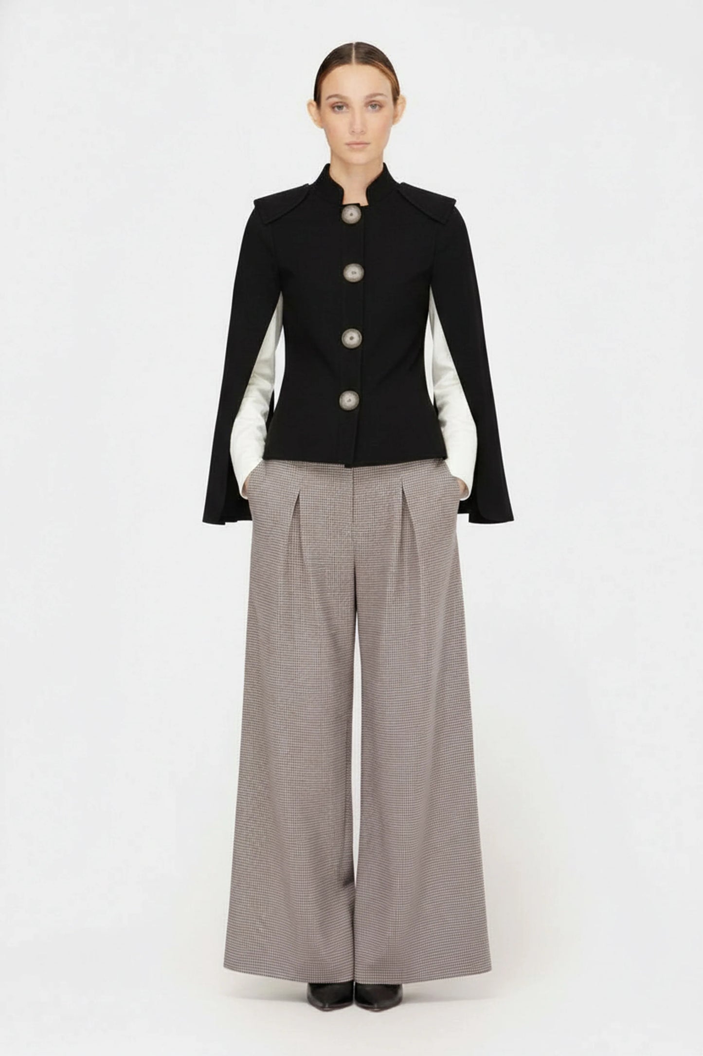 Black and white 4 button women's cape blazer | Julia Allert