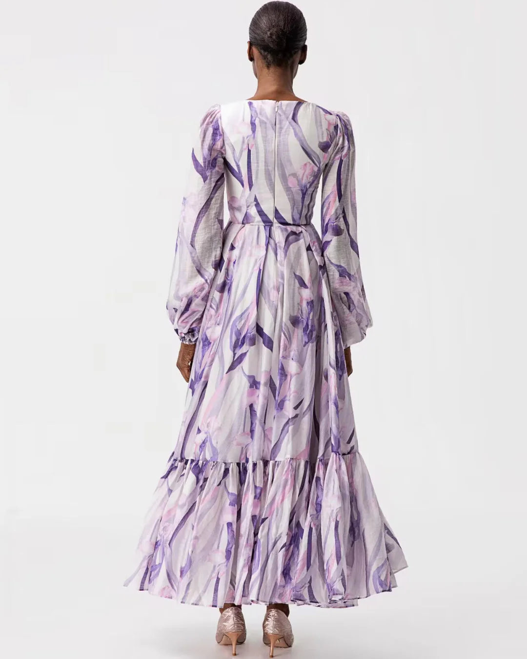 Purple floral print ruffled maxi designer resortwear dress | JessieQ