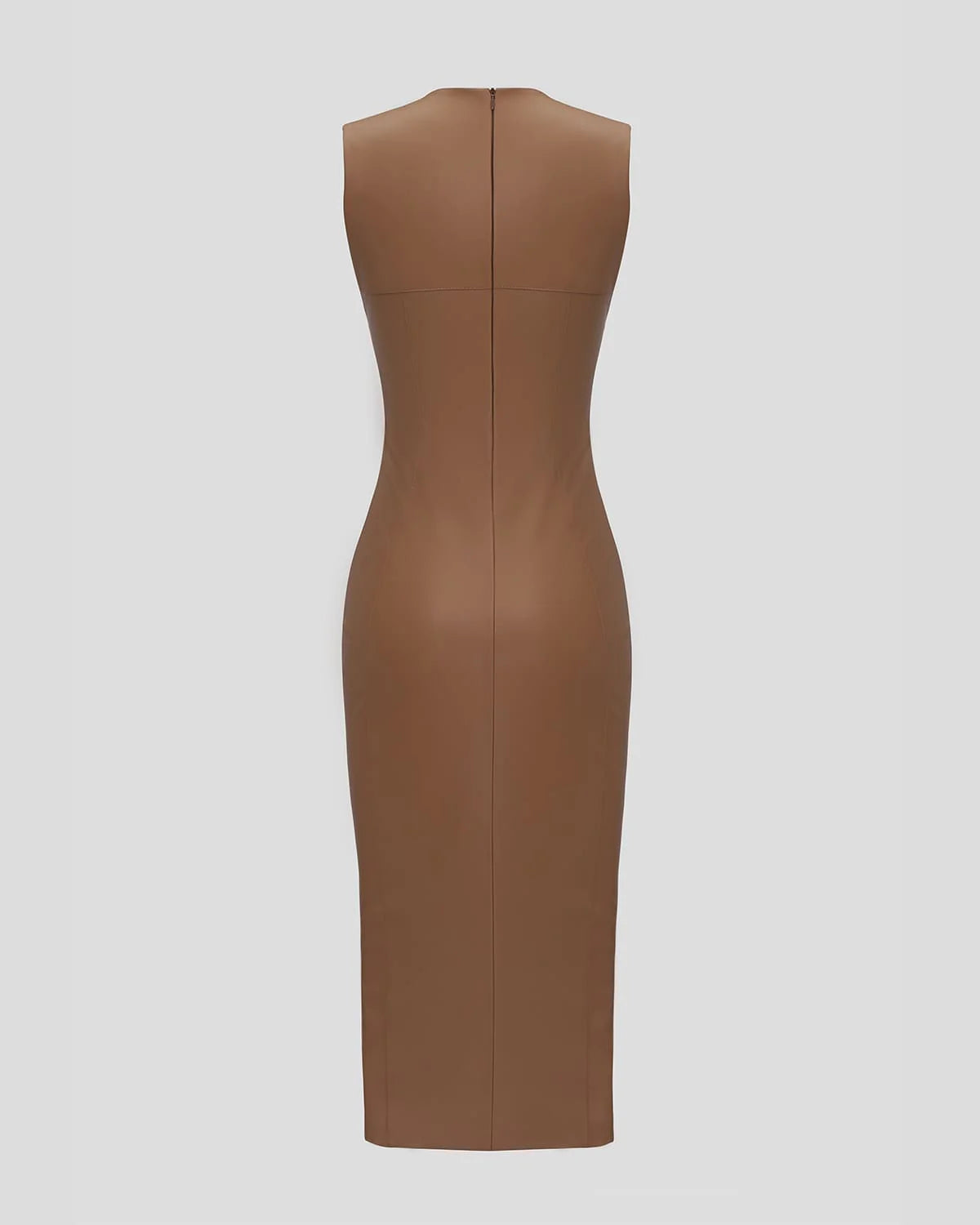 Beige eco leather designer form fitting midi dress | LIKA luxury brand