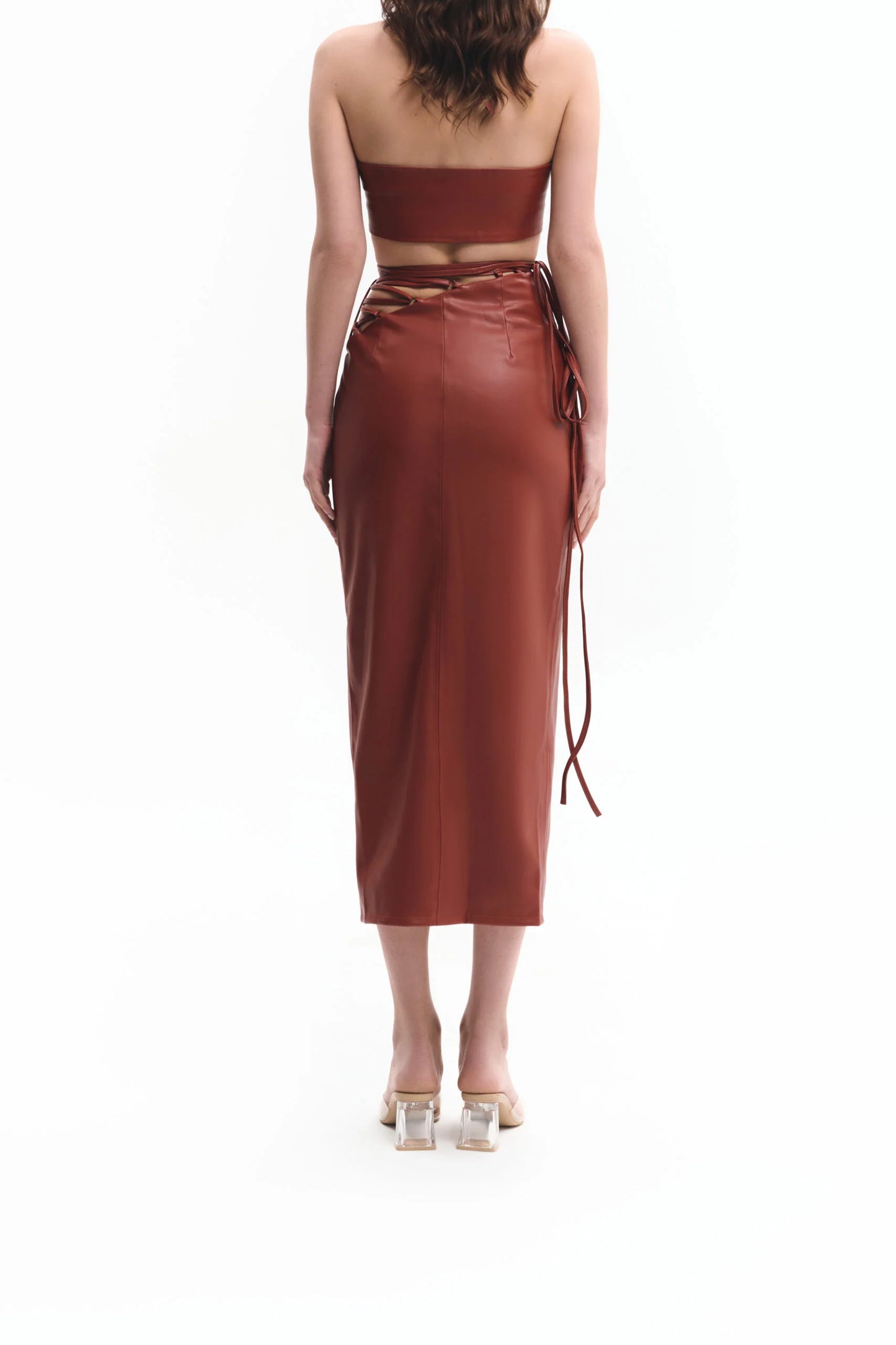 Black vegan leather pencil skirt with ties | LIKA luxury brand