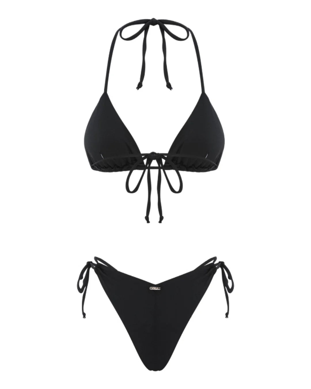 Black bikini set with triangle top and cheeky bottom on a white background