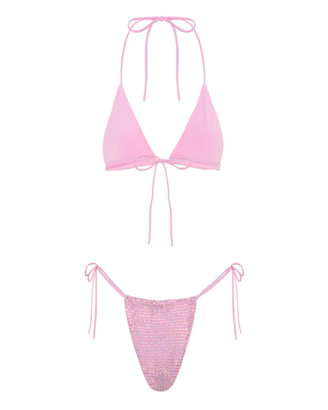 Pink bikini set with triangle top and bottom on a white background