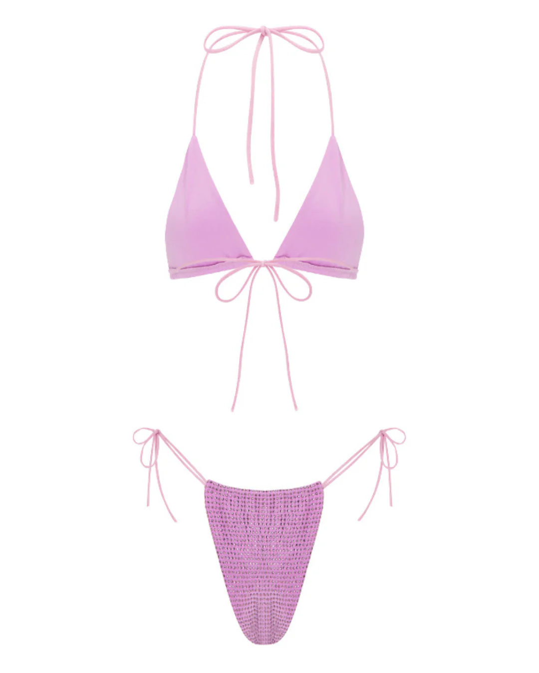 Purple bikini set with triangle top and bottom on a white background