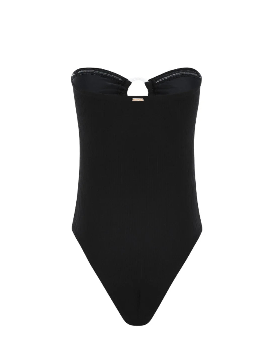 Black swimsuit with a strapless design on a white background