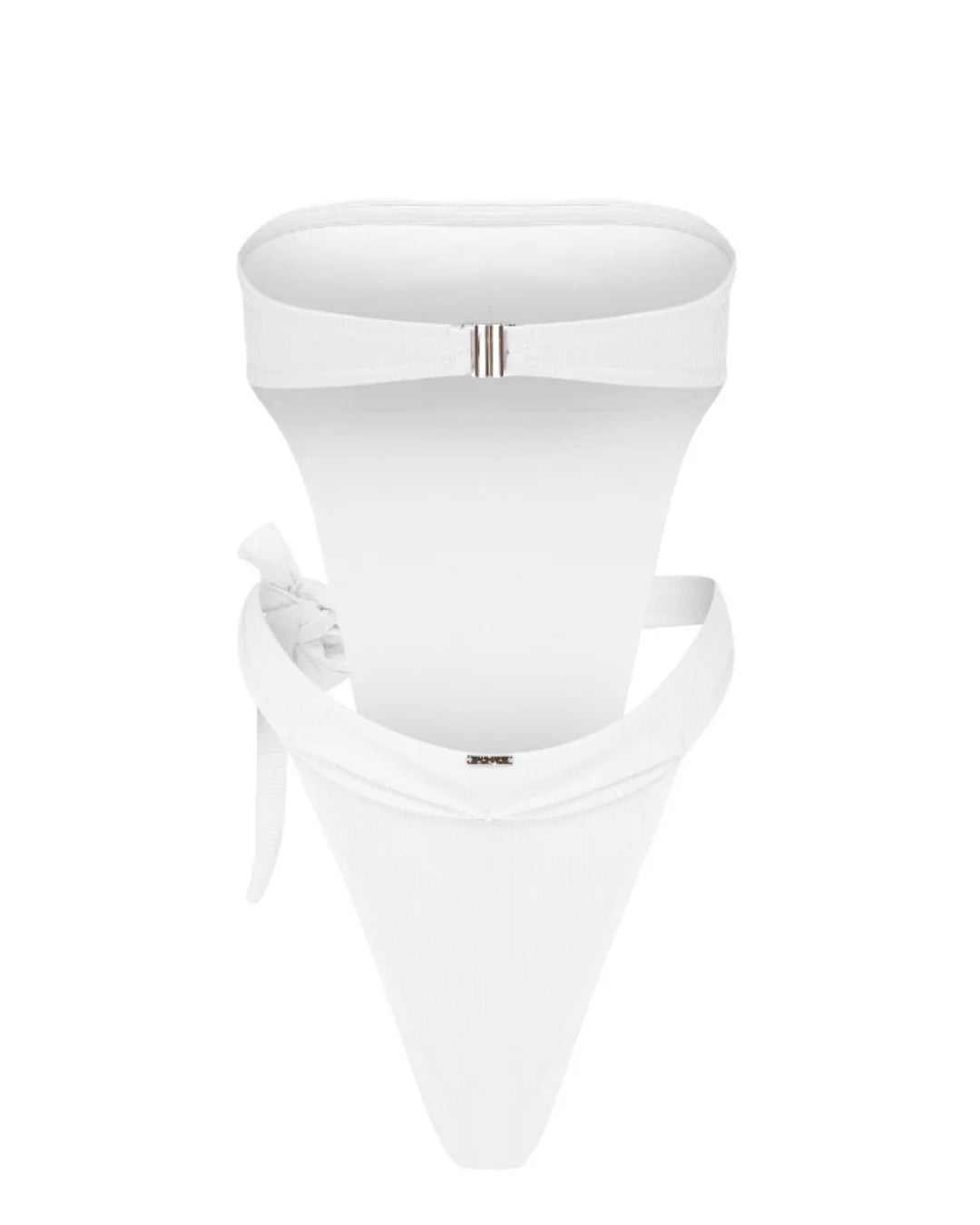 White bikini set with a silver clasp on a white background