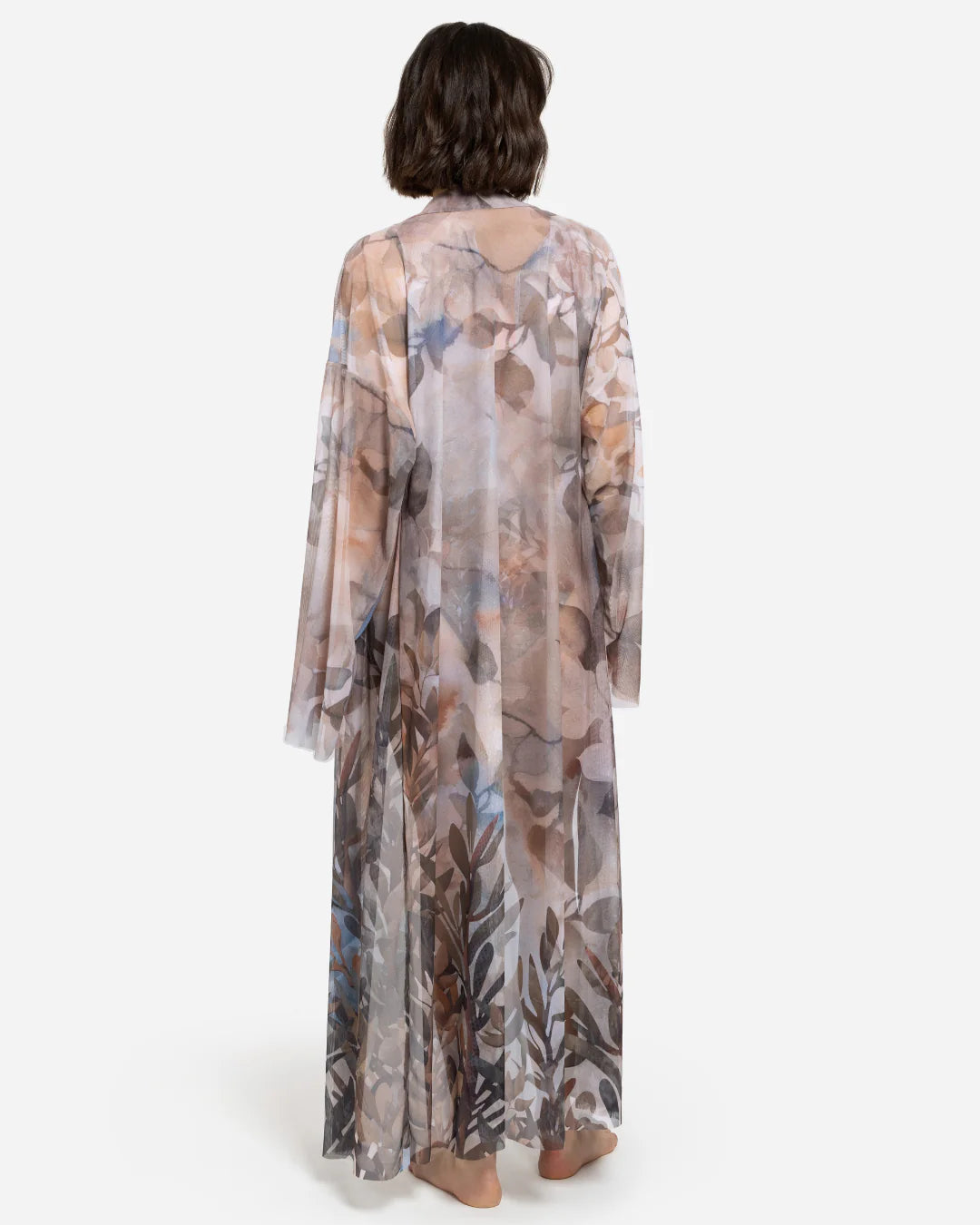 Designer sheer beach robe with a botanical leaf print in muted tones of dusty pink, taupe, brown, and soft blue-gray | RODA