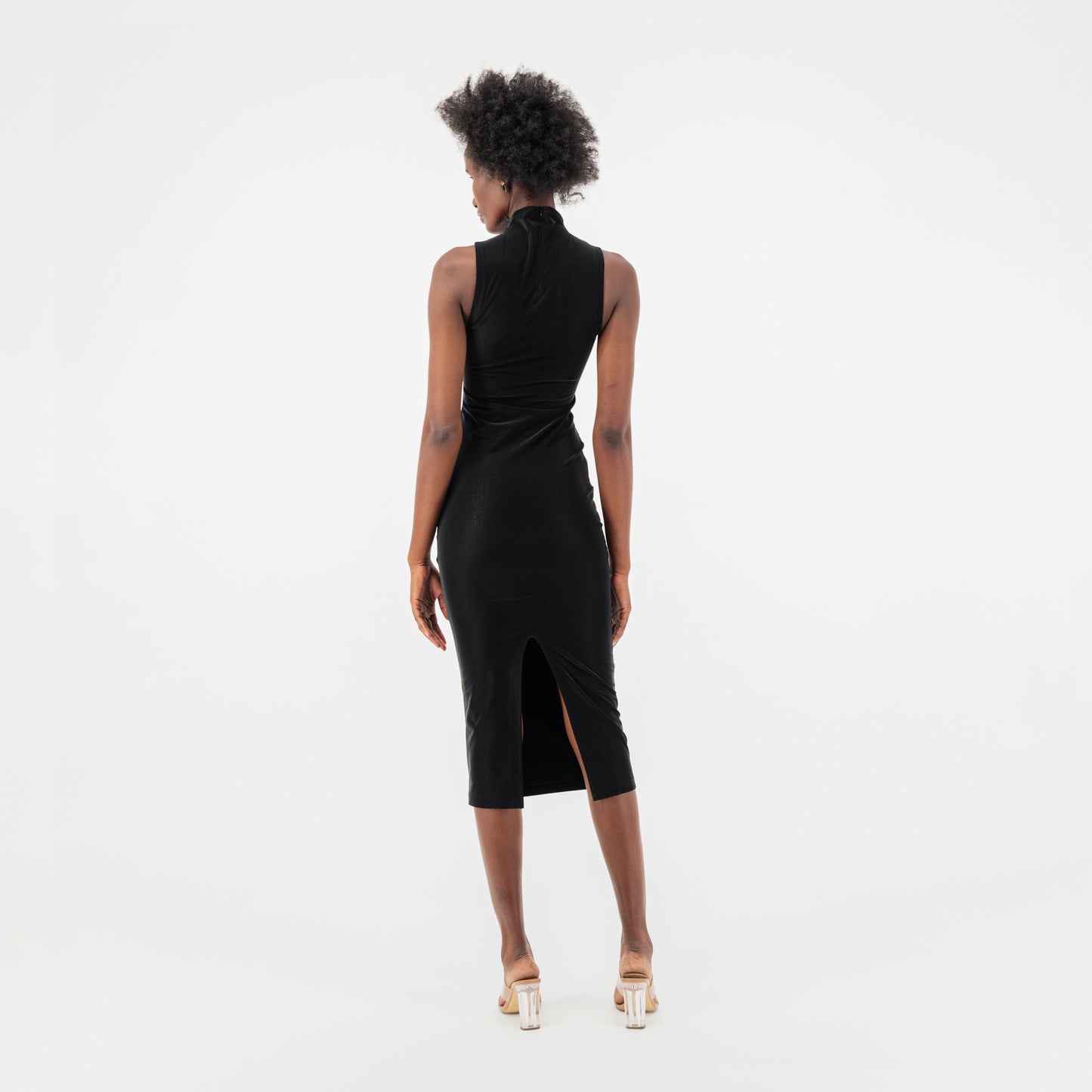 ÚCHÈ Sheer Paneling Cut Out Crocodile Print Midi Dress - Black