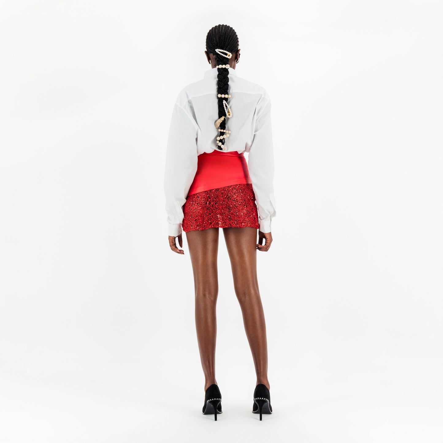 ÚCHÈ Vegan Leather Mini Skirt with Lace - Red