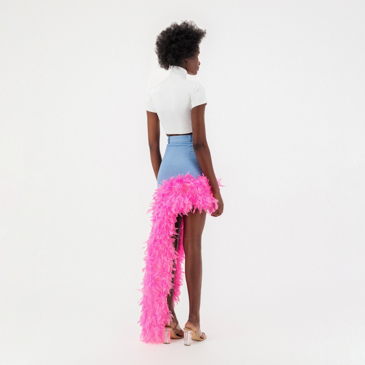 ÚCHÈ Washed Denim Asymmetrical Feather Trim Skirt - Blue/Pink