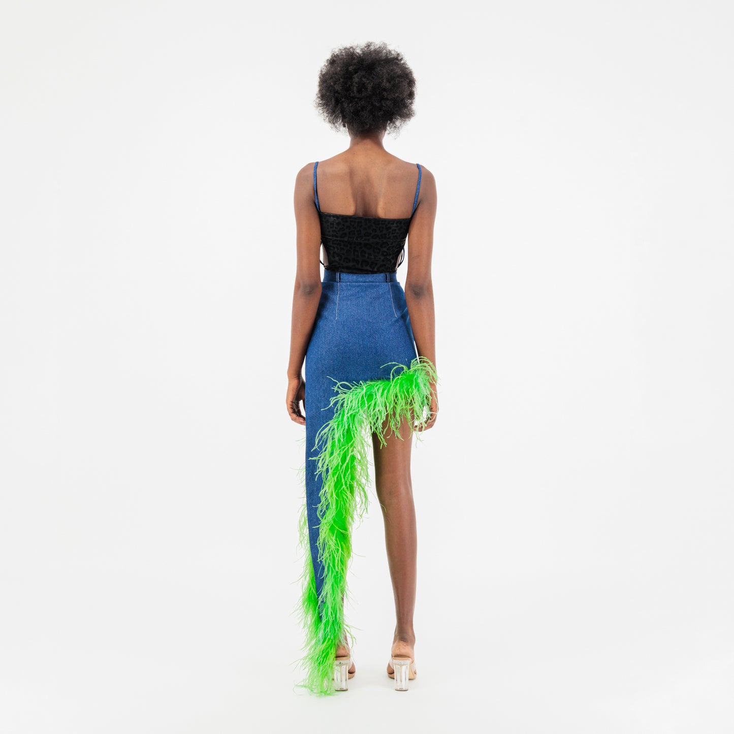 ÚCHÈ Denim Asymmetrical Ostrich Feather Trim Skirt - Blue/Green