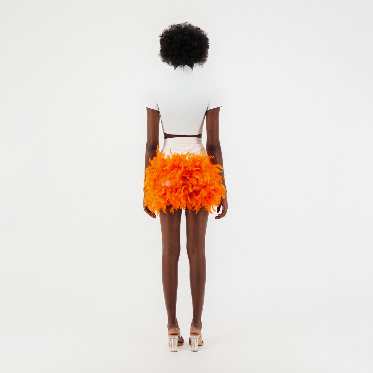 ÚCHÈ Denim Feather Mini Skirt - White/Orange