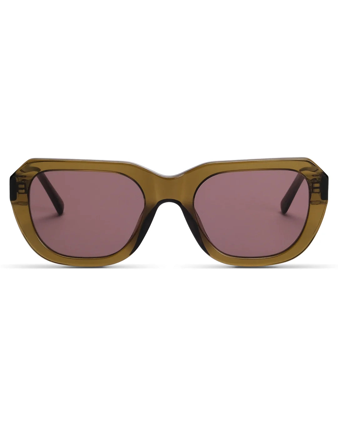Sunglasses with brown frame and pink-tinted lenses on a white background