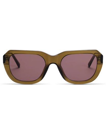 Sunglasses with brown frame and pink-tinted lenses on a white background