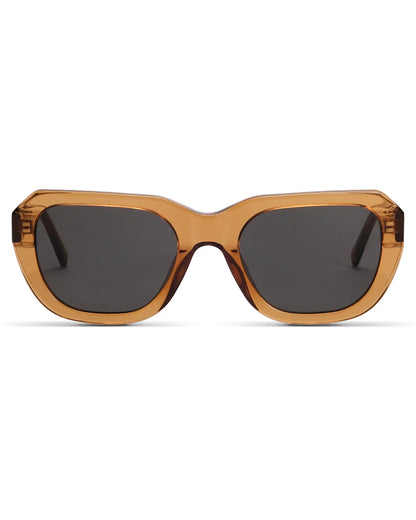 Brown sunglasses with dark lenses on a white background