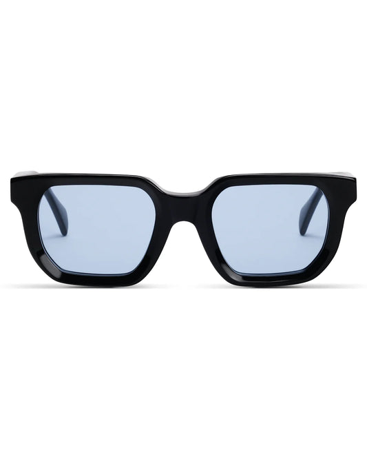 Black sunglasses with blue lenses on a white background