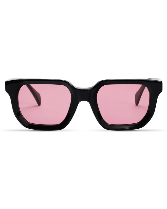 Black sunglasses with pink lenses on a white background