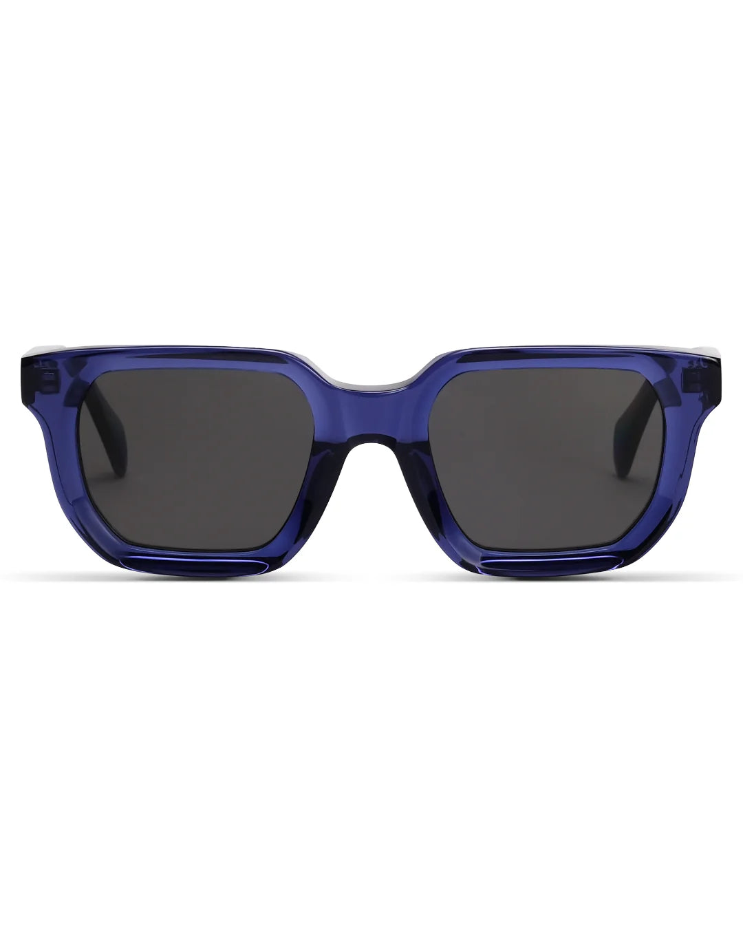 Blue sunglasses with dark lenses on a white background