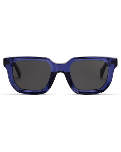 Blue sunglasses with dark lenses on a white background