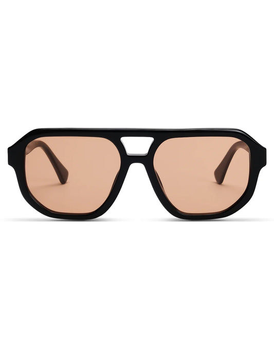 Black sunglasses with brown lenses on a white background