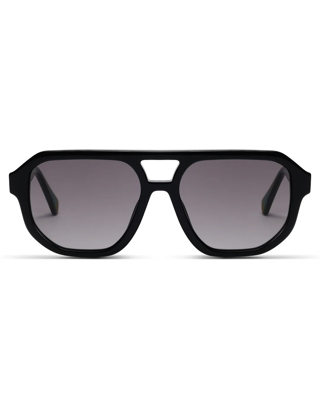 Black sunglasses with dark lenses on a white background