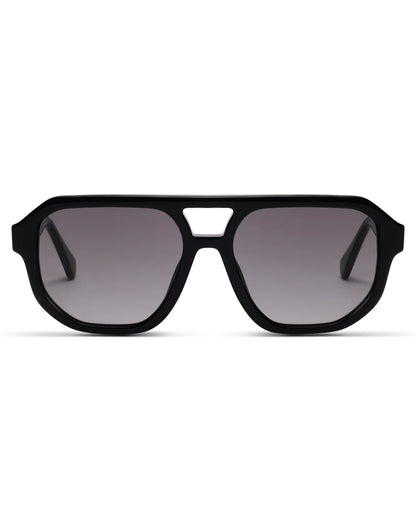 Black sunglasses with dark lenses on a white background