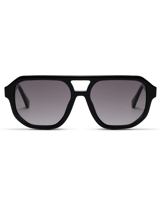Black sunglasses with dark lenses on a white background