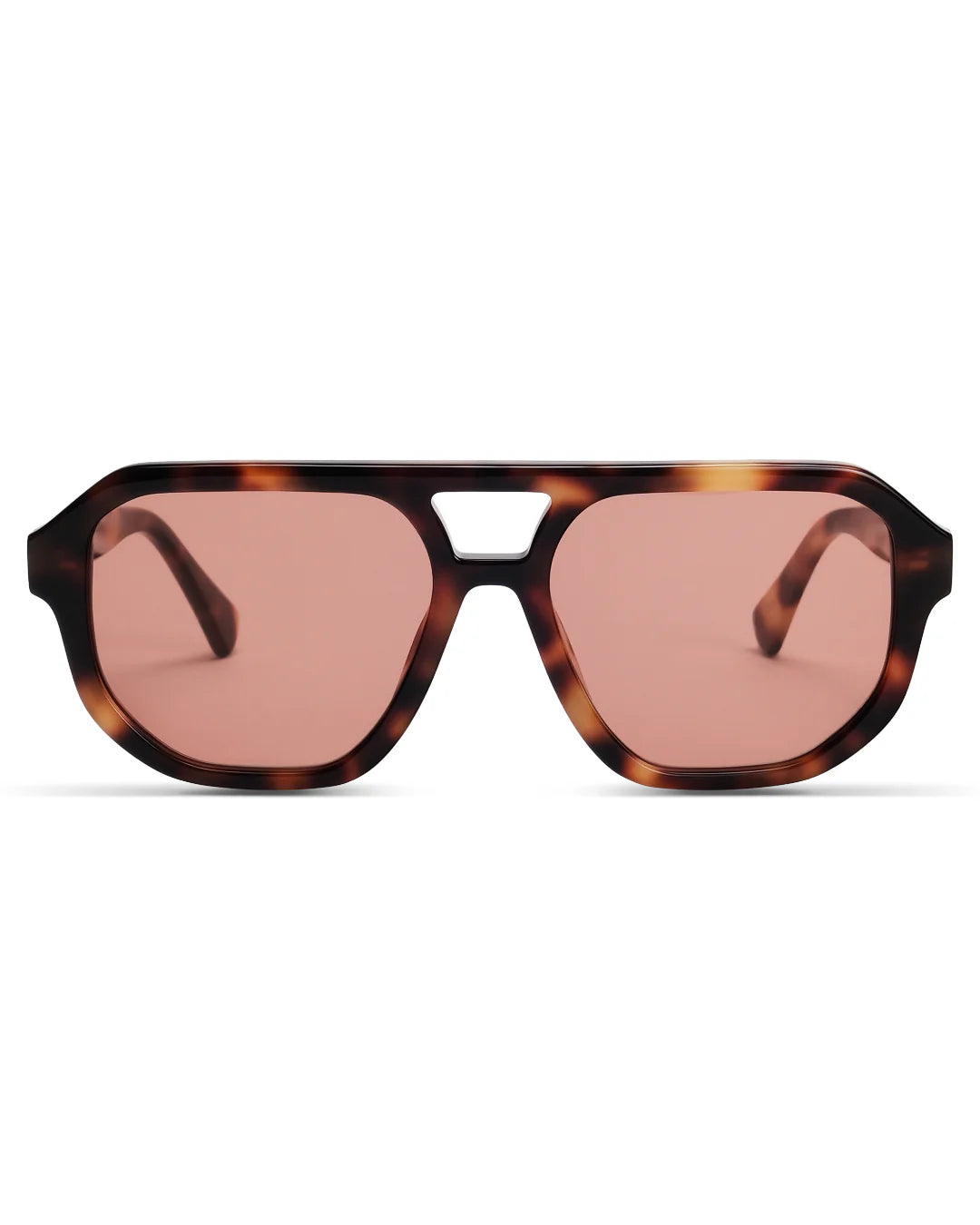 Sunglasses with tortoiseshell frame and rose gold lenses on a white background