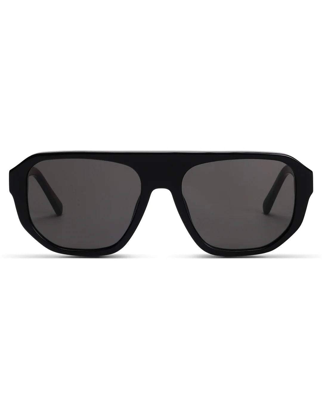 Black sunglasses with dark lenses on a white background