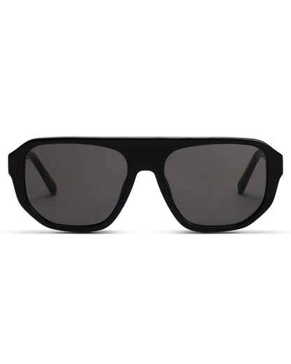 Black sunglasses with dark lenses on a white background