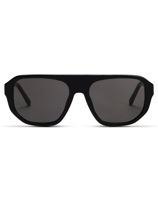Black sunglasses with dark lenses on a white background