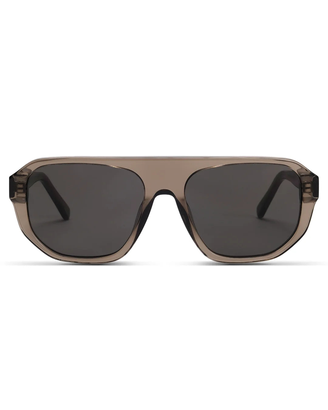 Sunglasses with a brown frame and dark lenses on a white background