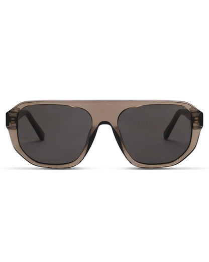 Sunglasses with a brown frame and dark lenses on a white background