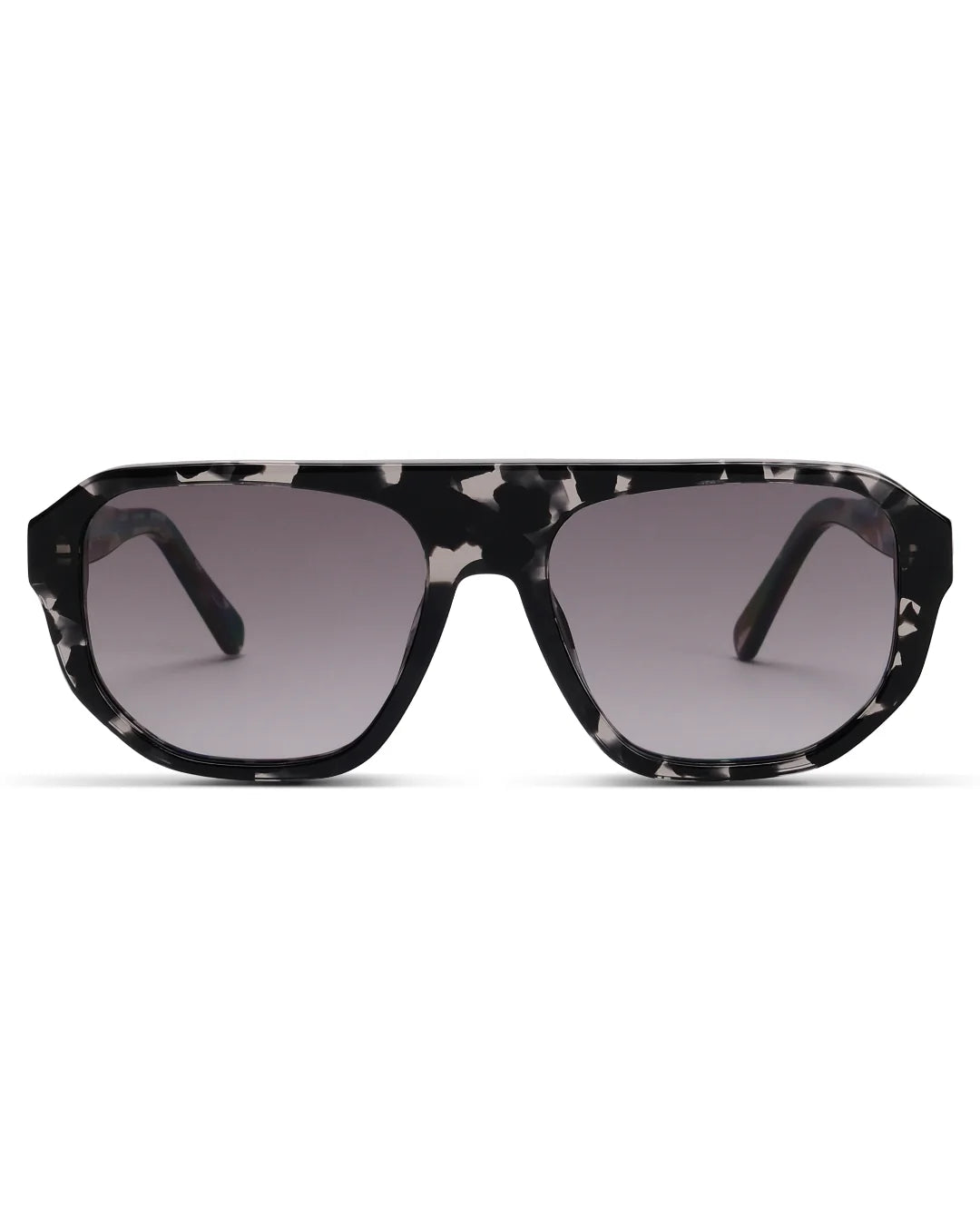 Sunglasses with black and white patterned frame on a white background