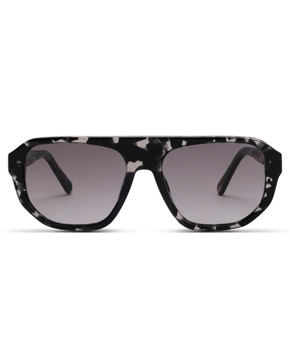 Sunglasses with black and white patterned frame on a white background