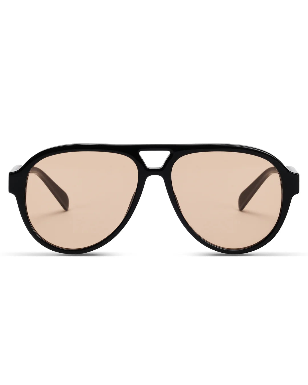 Black aviator sunglasses with beige lenses on a white background