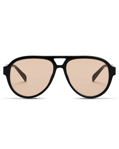 Black aviator sunglasses with beige lenses on a white background