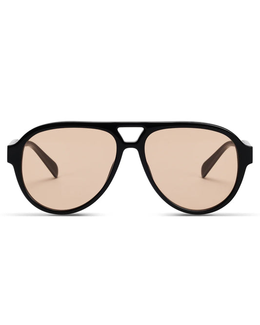 Black aviator sunglasses with beige lenses on a white background