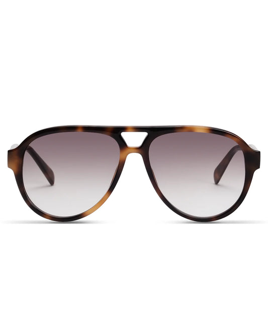 Sunglasses with tortoiseshell frame and gradient lenses on a white background