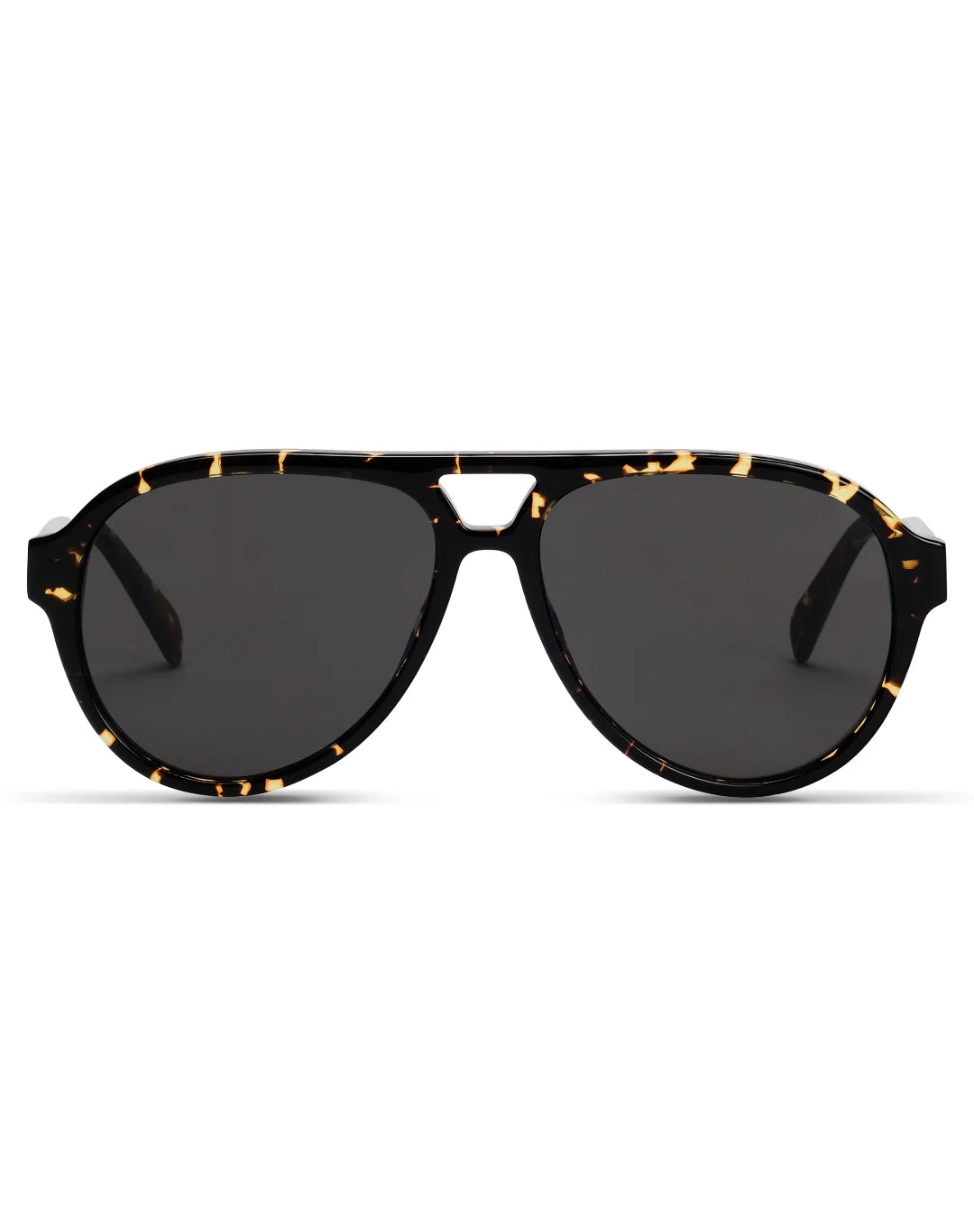 Sunglasses with tortoiseshell frame and dark lenses on a white background