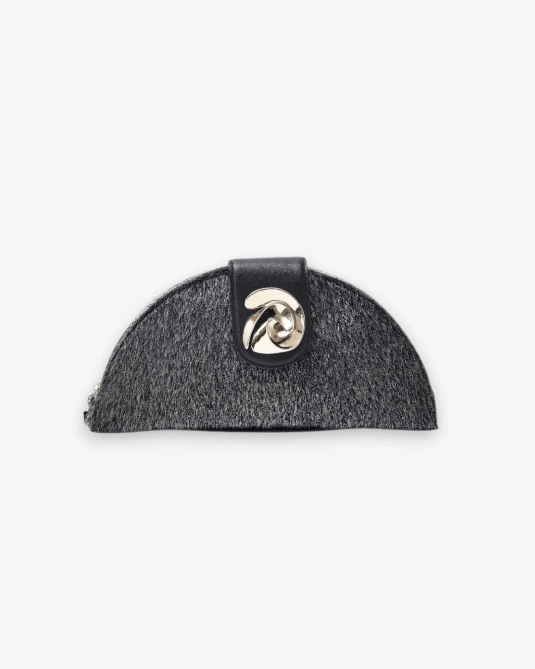 Designer small semi-circular black and grey velvet pouch bag with a black leather strap and a silver-tone interlocking turn-lock clasp | ALLBYB
