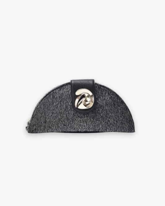 Designer small semi-circular black and grey velvet pouch bag with a black leather strap and a silver-tone interlocking turn-lock clasp | ALLBYB