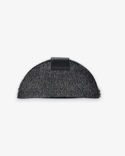 Designer small semi-circular black and grey velvet pouch bag with a black leather strap and a silver-tone interlocking turn-lock clasp | ALLBYB