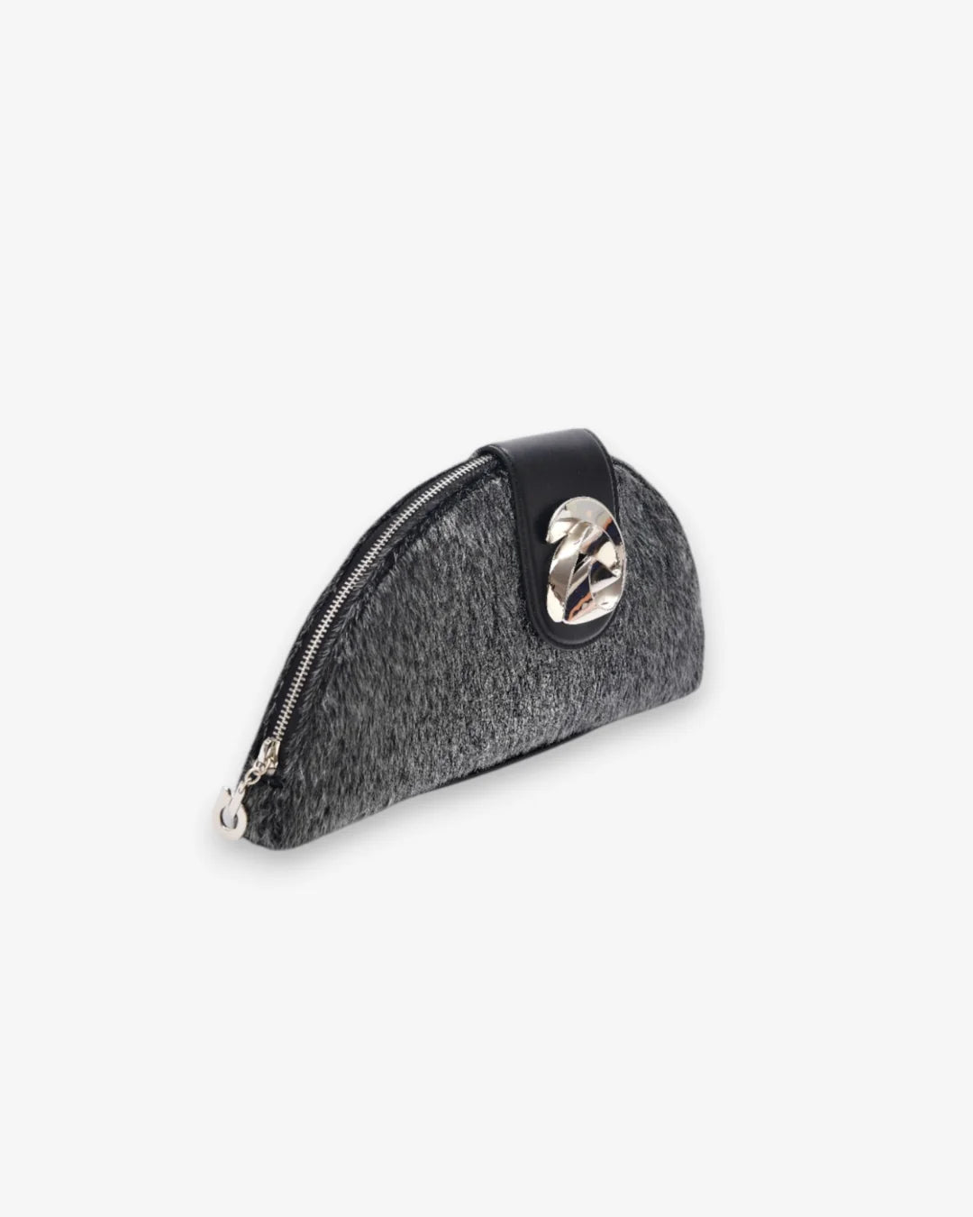 Designer small semi-circular black and grey velvet pouch bag with a black leather strap and a silver-tone interlocking turn-lock clasp | ALLBYB