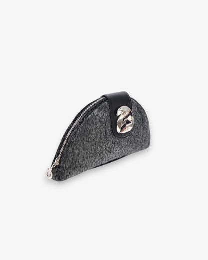 Designer small semi-circular black and grey velvet pouch bag with a black leather strap and a silver-tone interlocking turn-lock clasp | ALLBYB