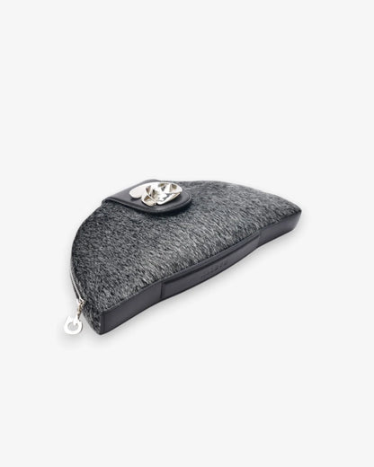 Designer small semi-circular black and grey velvet pouch bag with a black leather strap and a silver-tone interlocking turn-lock clasp | ALLBYB