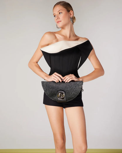 Designer small semi-circular black and grey velvet pouch bag with a black leather strap and a silver-tone interlocking turn-lock clasp | ALLBYB