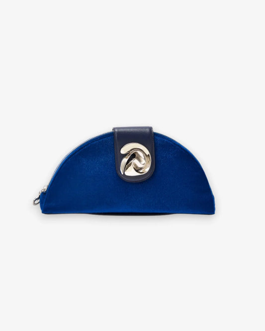 Designer small semi-circular blue velvet pouch bag with a dark blue leather strap and a silver-tone interlocking turn-lock clasp | ALLBYB