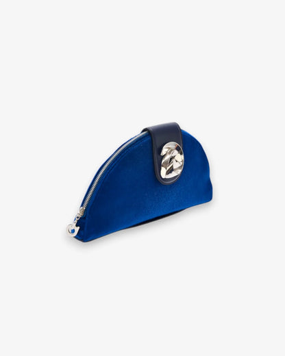 Designer small semi-circular blue velvet pouch bag with a dark blue leather strap and a silver-tone interlocking turn-lock clasp | ALLBYB