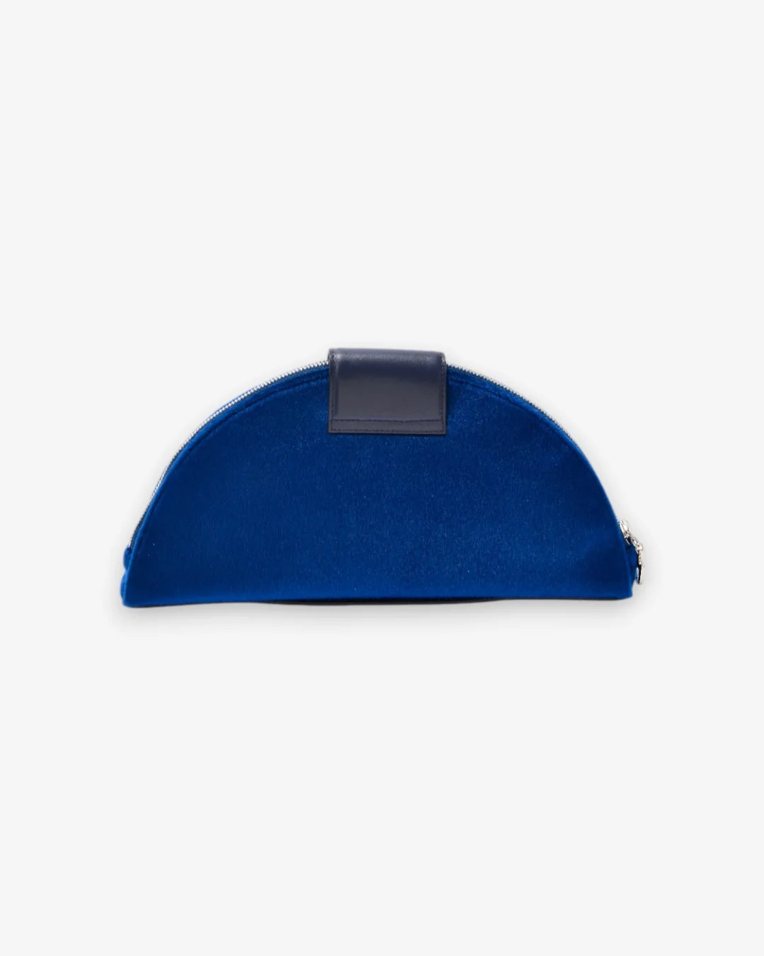 Designer small semi-circular blue velvet pouch bag with a dark blue leather strap and a silver-tone interlocking turn-lock clasp | ALLBYB
