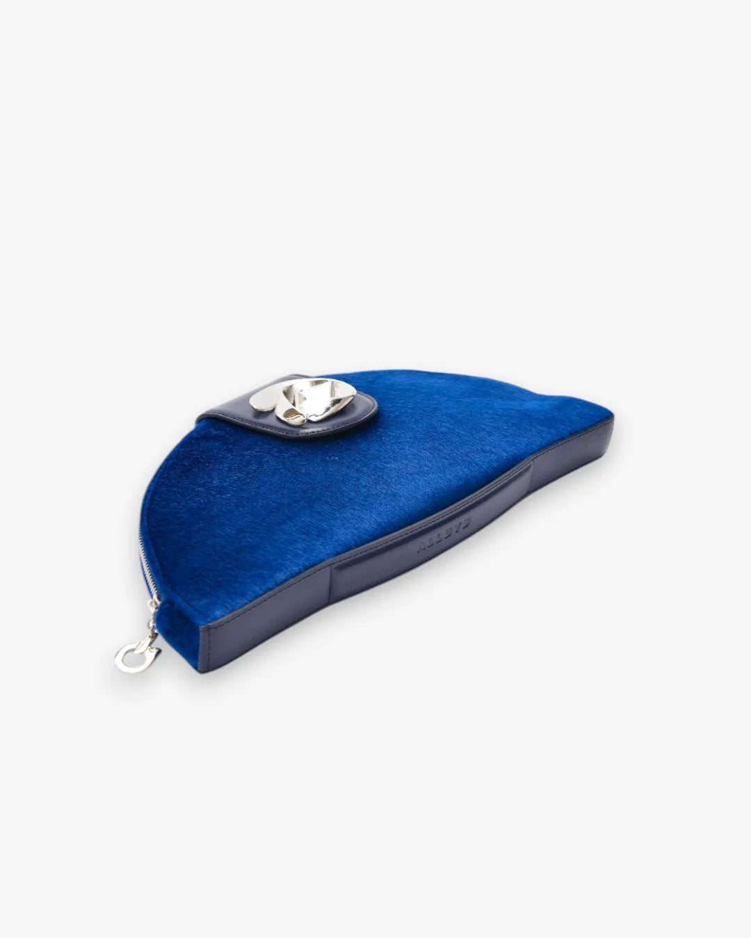 Designer small semi-circular blue velvet pouch bag with a dark blue leather strap and a silver-tone interlocking turn-lock clasp | ALLBYB
